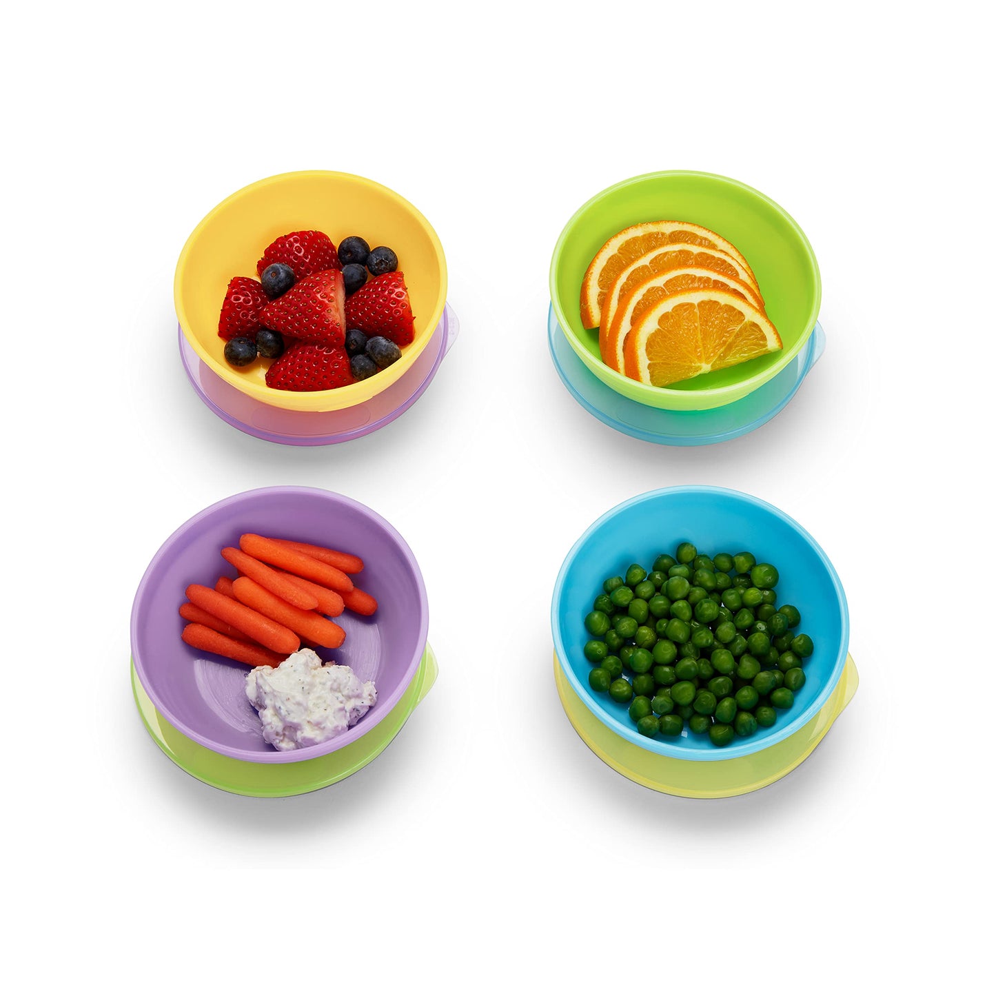 Munchkin baby feeding set with lids secured on colorful bowls