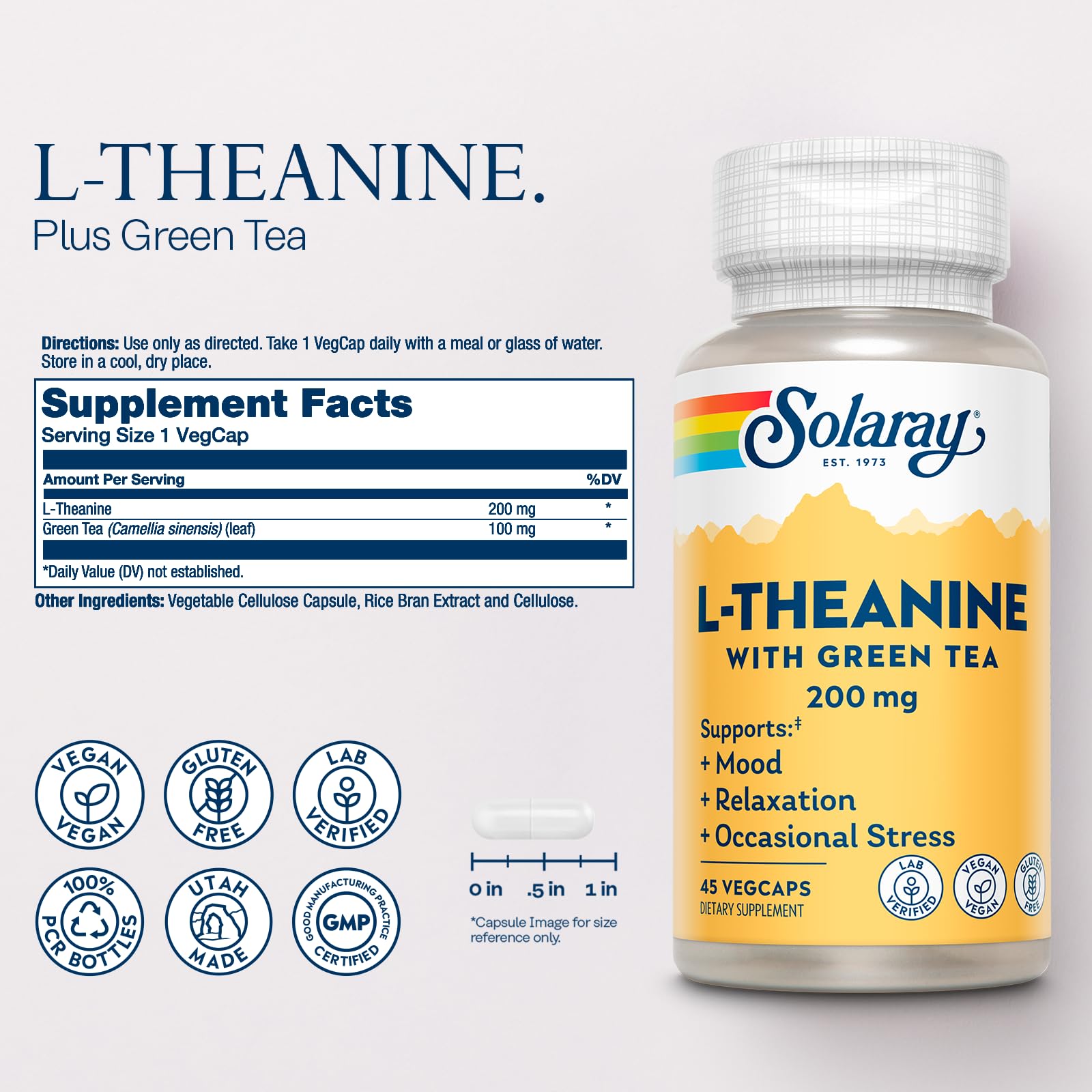Solaray L Theanine 45 vegetarian capsules nutritional facts and ingredient list details