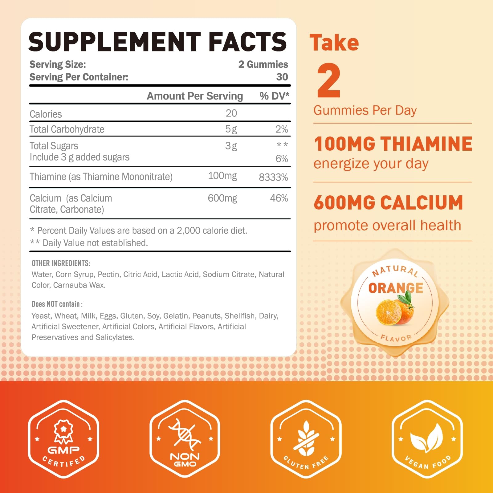 Joywiit Thiamine B1 supplement with calcium nutritional facts label details