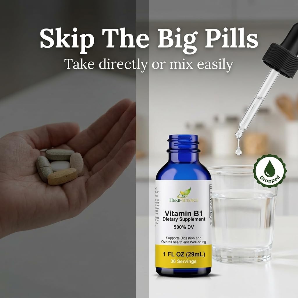 Herb-Science Liquid Vitamin B1 Thiamine supplement dropper mechanism close up.