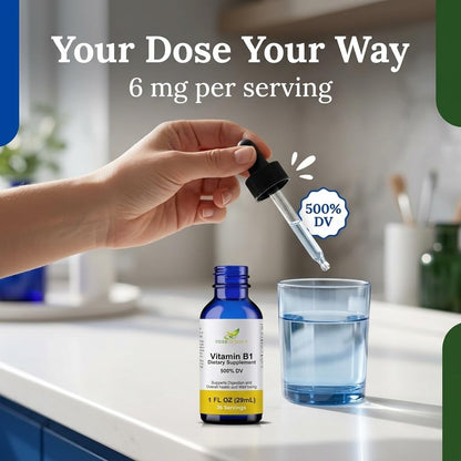 Herb-Science Liquid Vitamin B1 one fluid ounce cobalt blue glass bottle protection against light.
