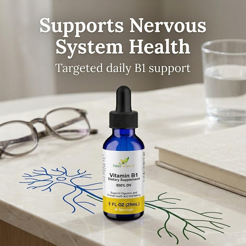 Herb-Science vegan friendly vitamin b1 liquid drops container display.