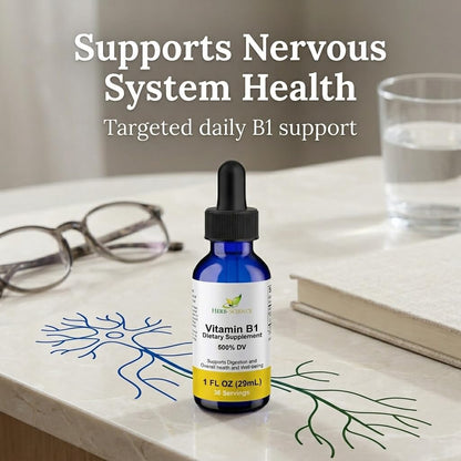 Herb-Science vegan friendly vitamin b1 liquid drops container display.