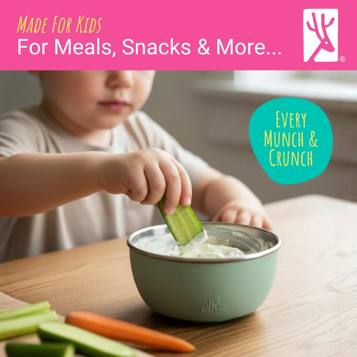 Elk and Friends baby bowls showing removable silicone sleeve