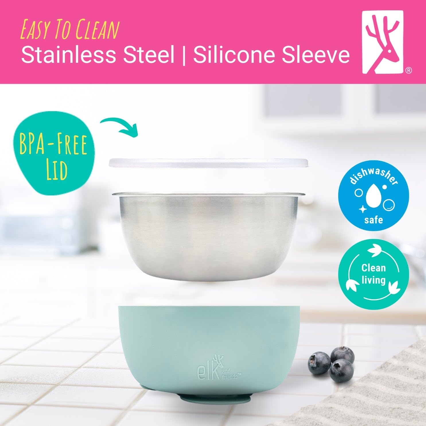 Stackable Elk and Friends stainless steel bowls for nursery storage