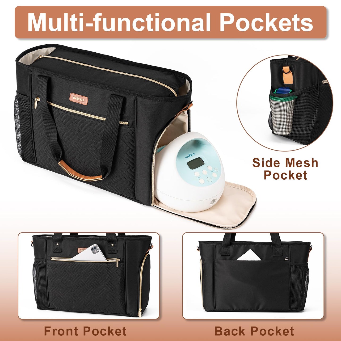 Babeyer black diaper tote bag featuring insulated pockets for baby milk bottles