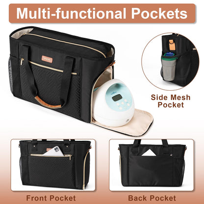 Babeyer black diaper tote bag featuring insulated pockets for baby milk bottles