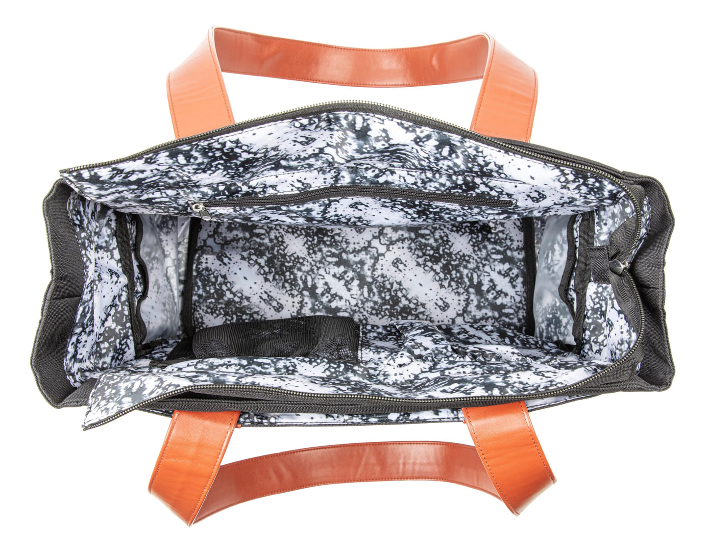 Dr. Brown's gray day bag showing internal organization compartments for baby bottles