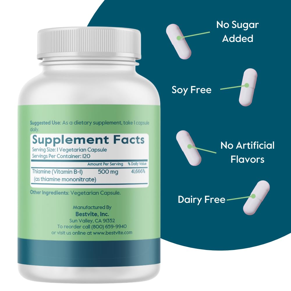 Bestvite Vitamin B1 Thiamin bottle showing vegetarian capsules and vegan symbols