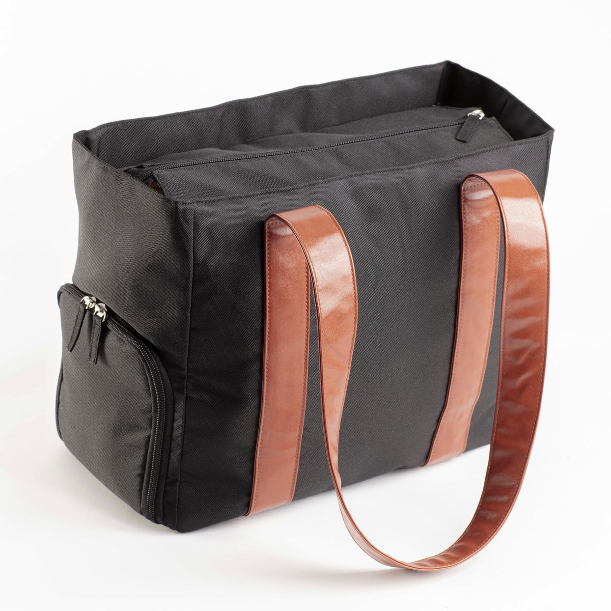 Dr. Brown's classic tote bag showing the secure zippered pocket for personal electronics