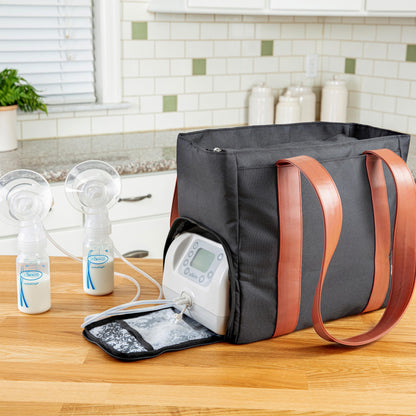 Dr. Brown's breast pump travel carrier showing side pocket for water bottle placement