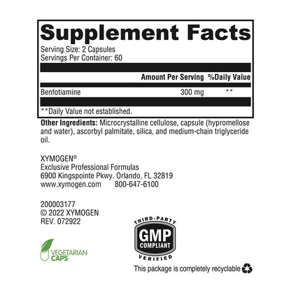 Authentic USA imported XYMOGEN benfotiamine vegetarian capsules for cellular metabolism