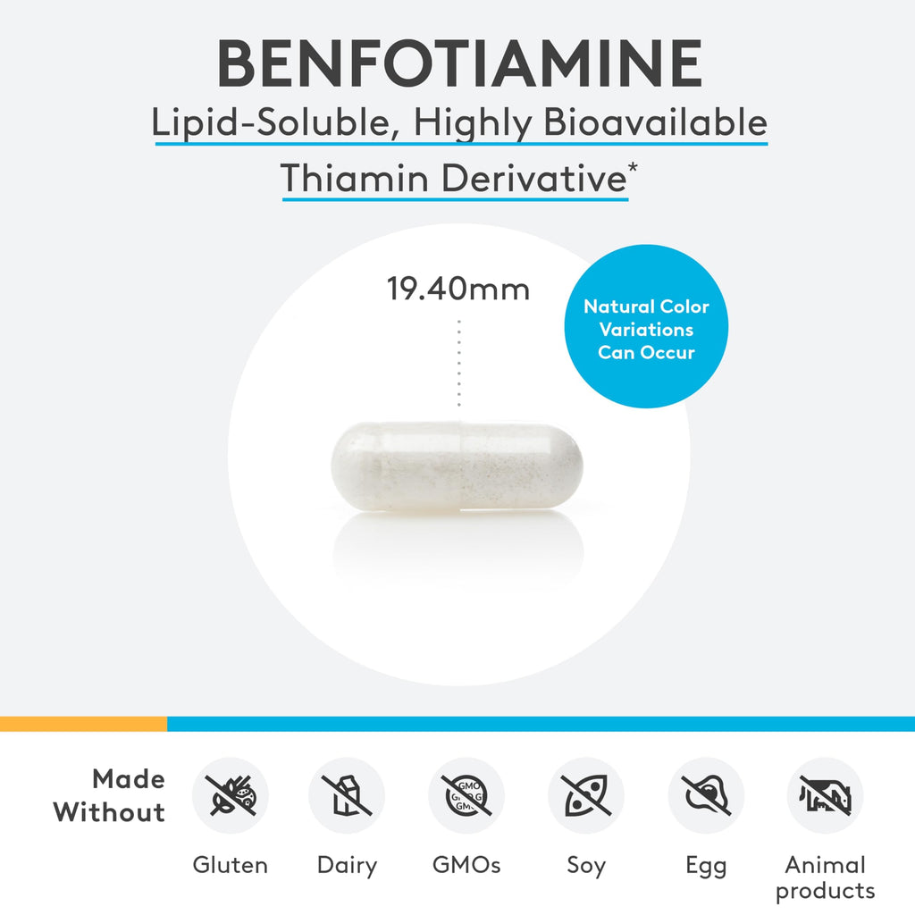 Side profile of XYMOGEN Benfotiamine vitamin B1 supplement bottle