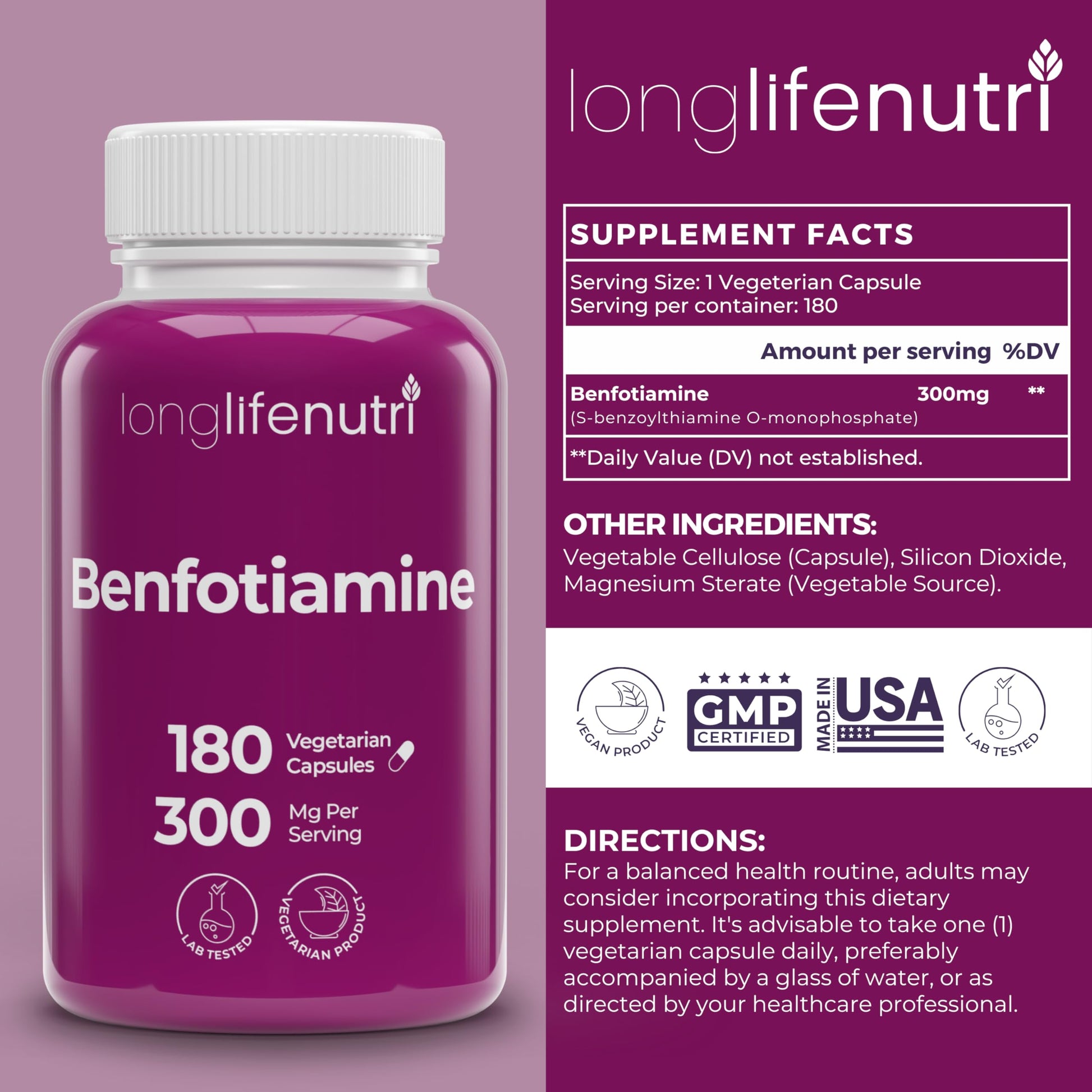 LongLifeNutri Benfotiamine 180 vegetarian capsules supplement facts label detail.