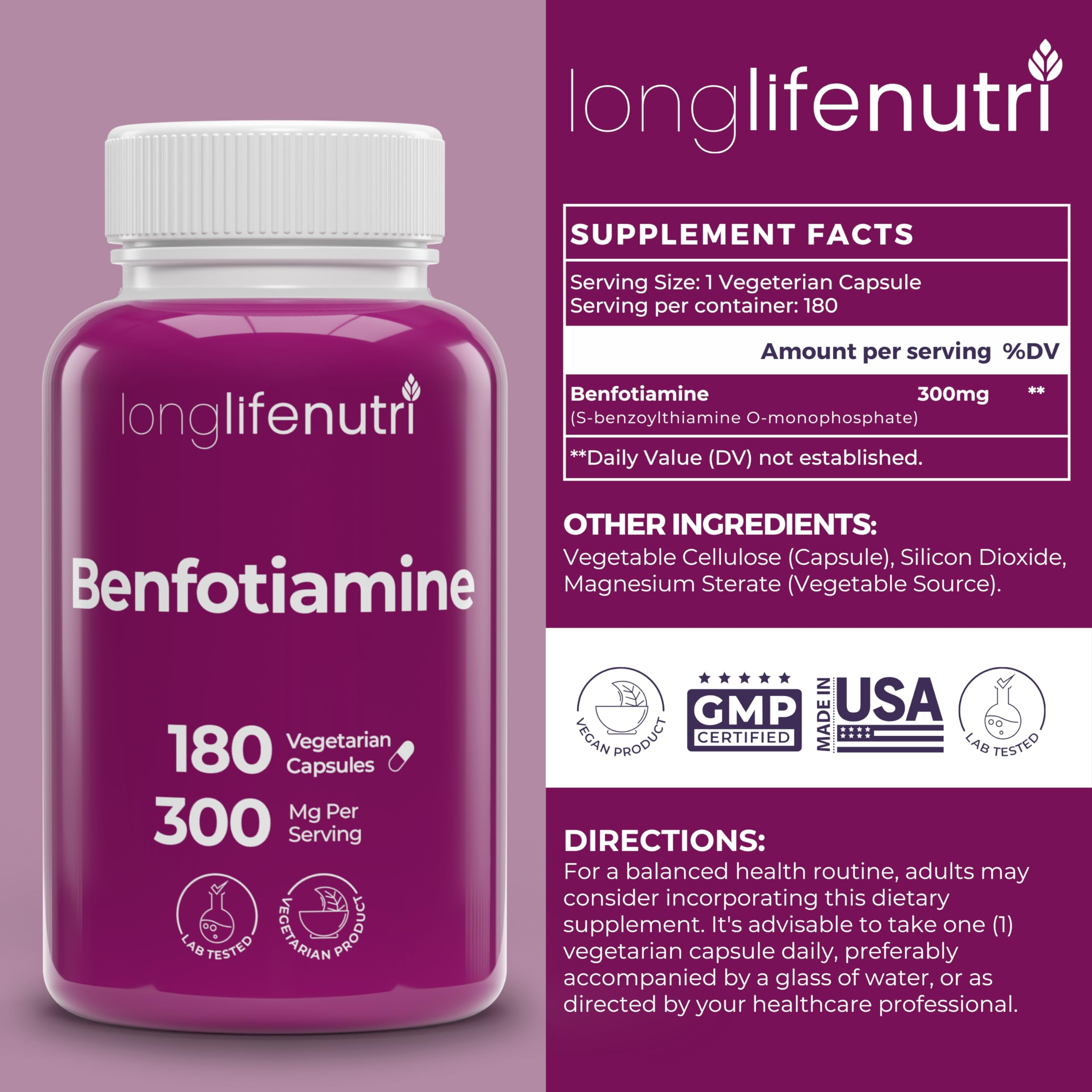 LongLifeNutri Benfotiamine 180 vegetarian capsules supplement facts label detail.