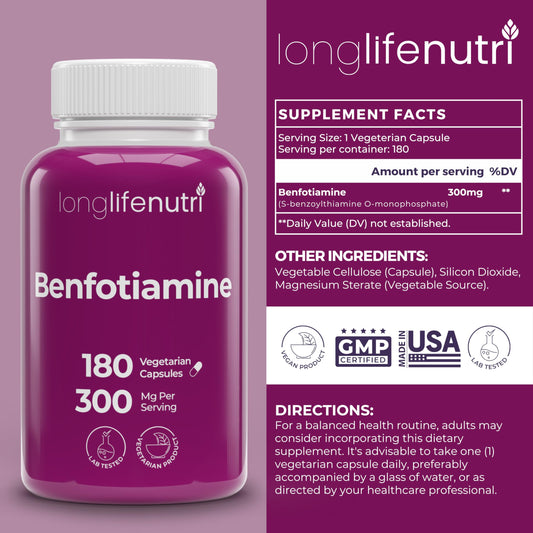 LongLifeNutri Benfotiamine 180 vegetarian capsules supplement facts label detail.