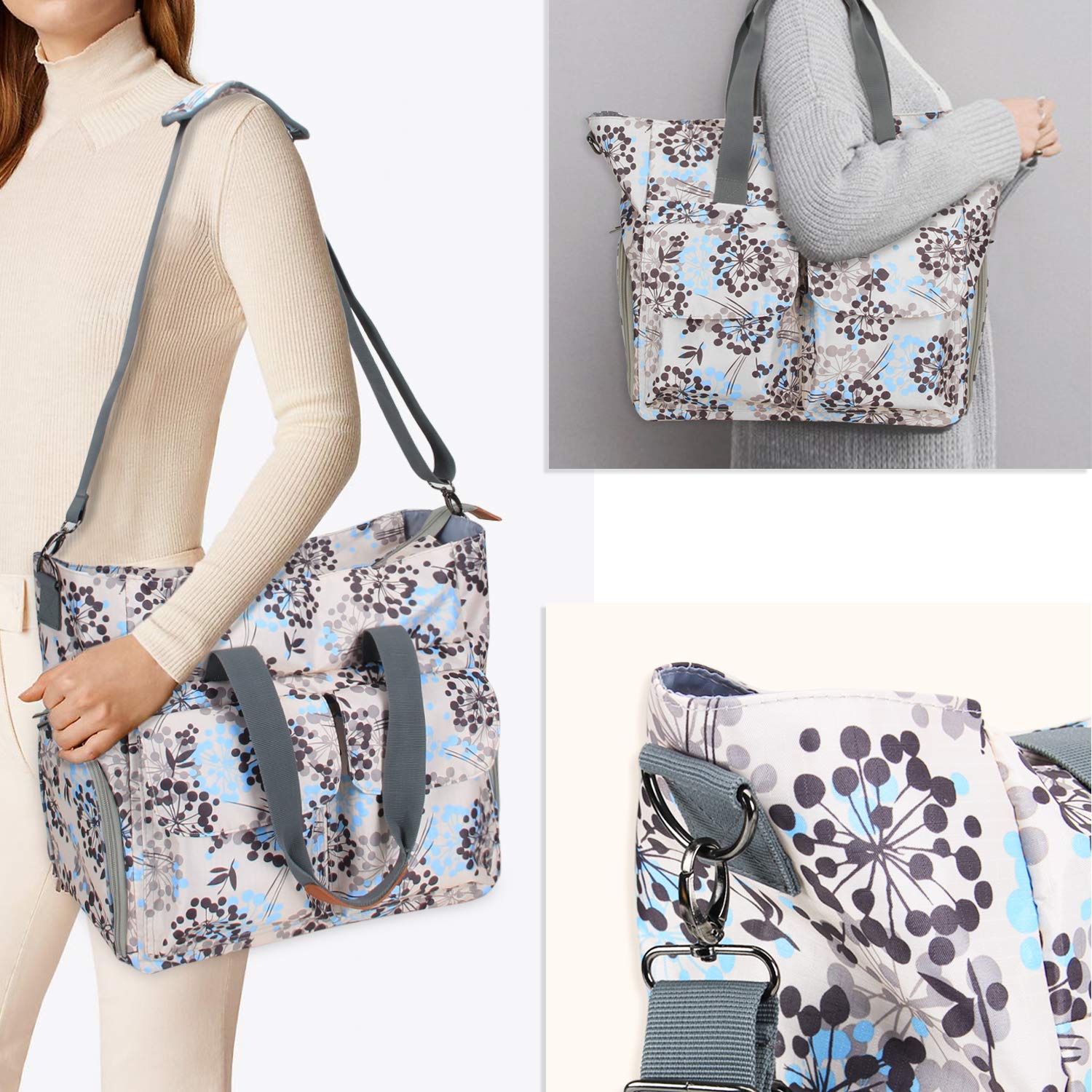 Teamoy breast pump tote with side zipper pocket open demonstrating how an electric breast pump slides inside.