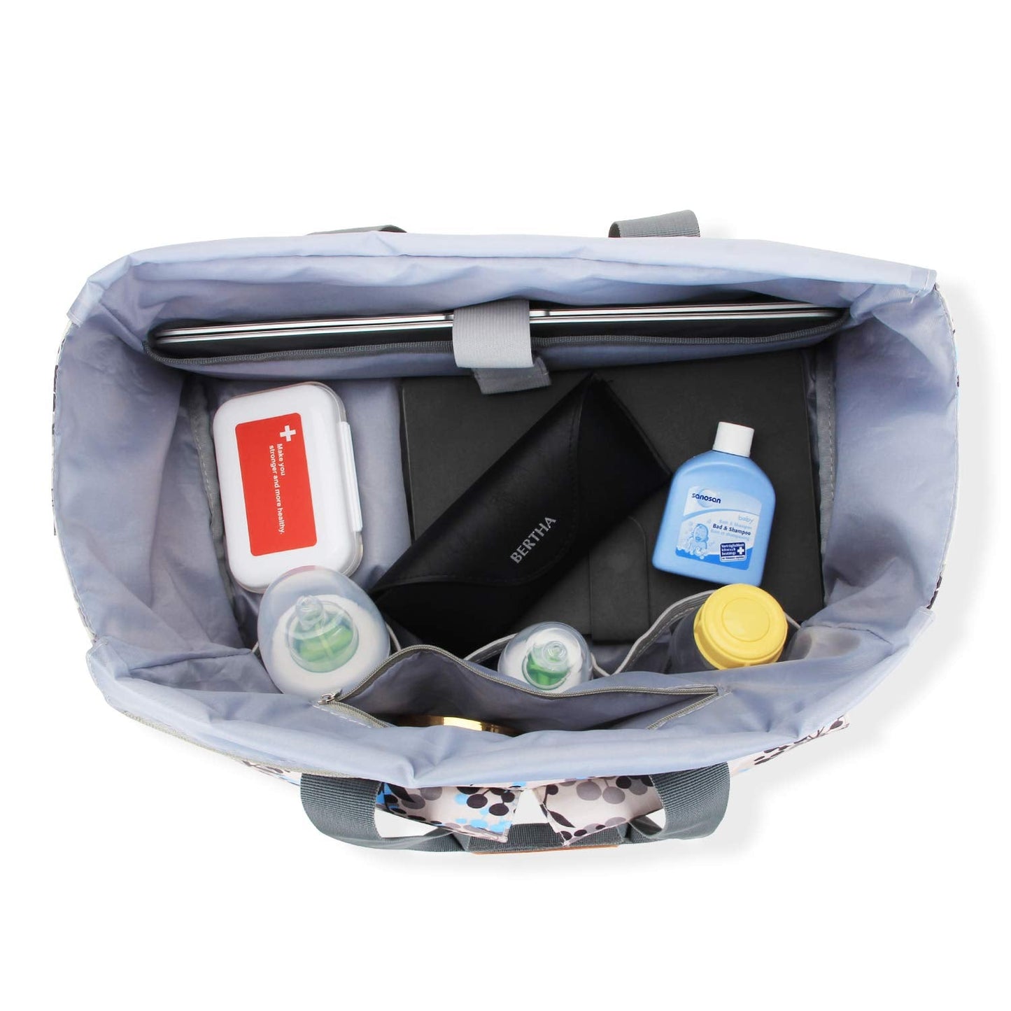Teamoy travel tote interior look displaying the padded tech sleeve holding a fourteen inch laptop.