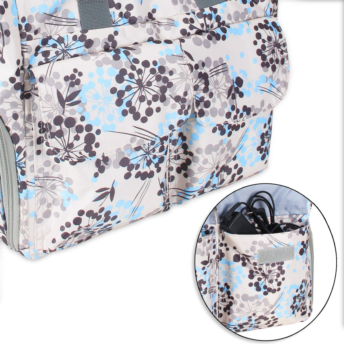 Teamoy dandelion print bag showcasing the multiple internal elastic pockets filled with pumping accessories.