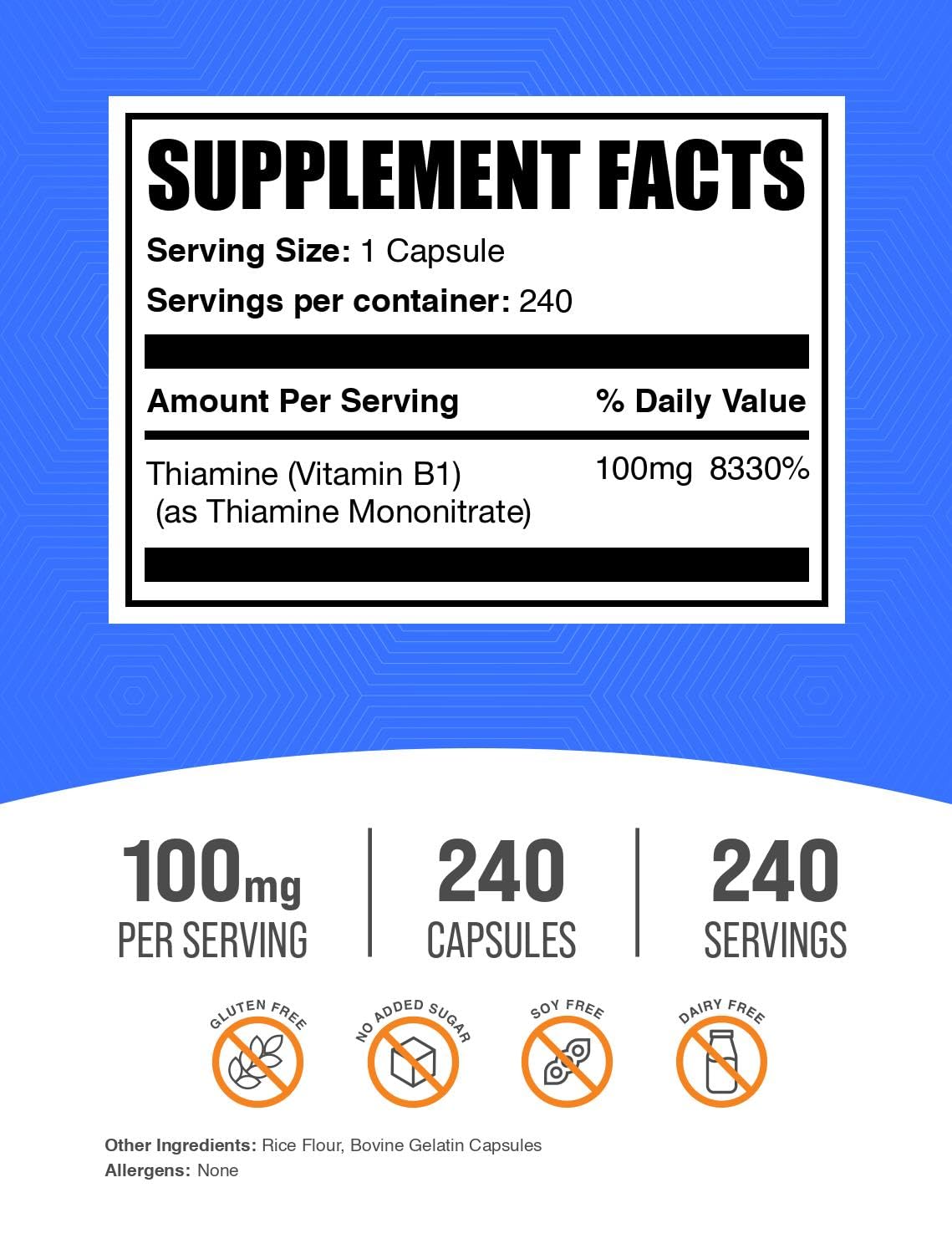 BulkSupplements Vitamin B1 supplement container angled view highlighting energy metabolism benefits.