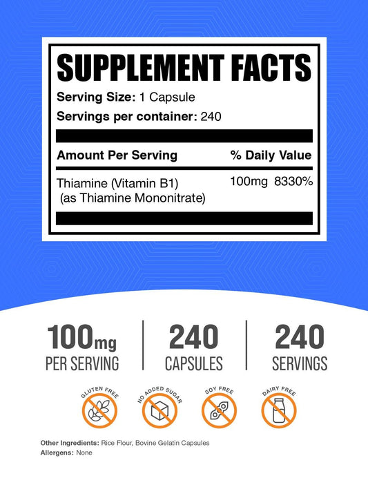 BulkSupplements Vitamin B1 supplement container angled view highlighting energy metabolism benefits.