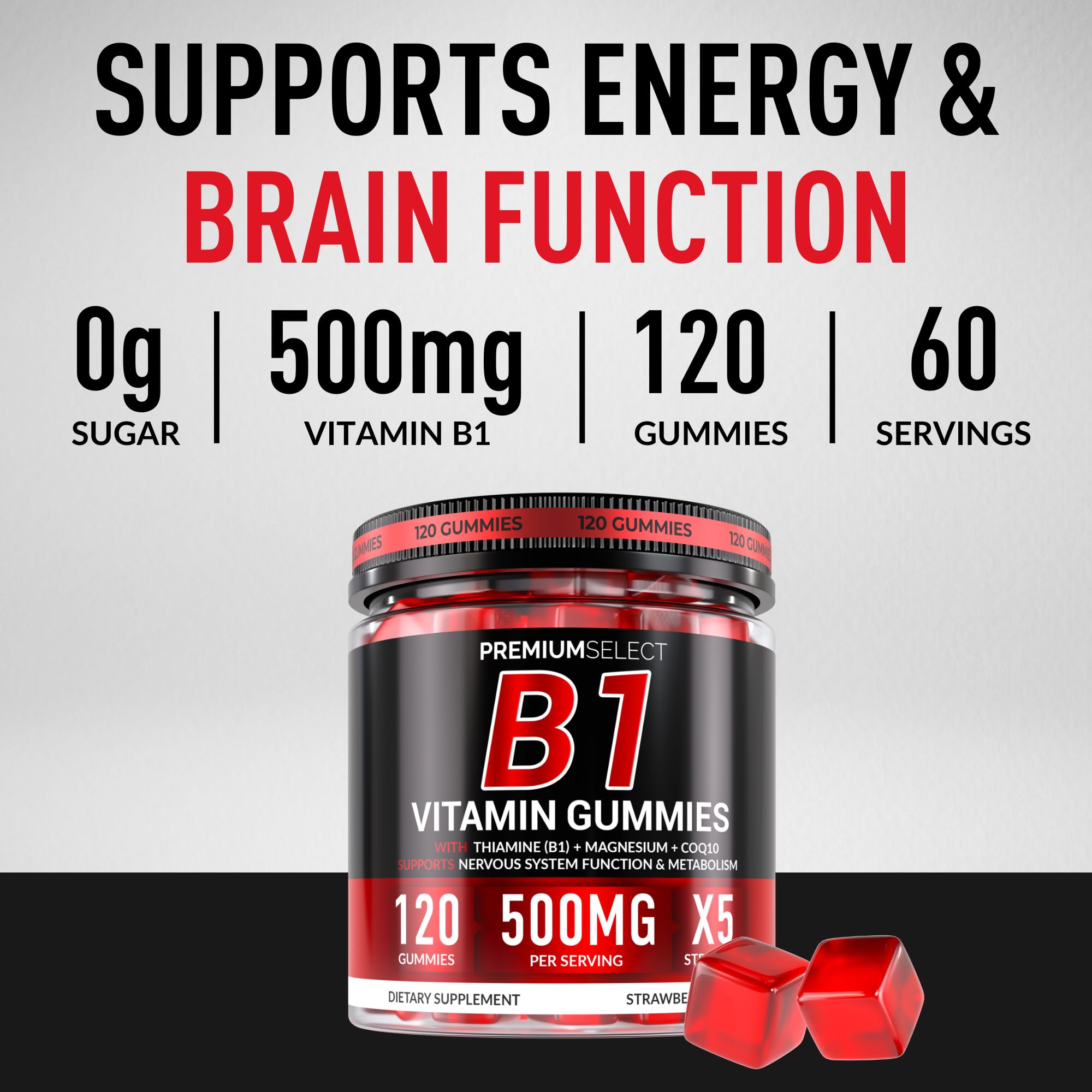 Sugar-free thiamine supplement gummies with CoQ10 and magnesium nutritional facts panel.