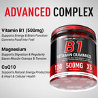 Close up of strawberry flavored sugar free vegan vitamin B1 gummies