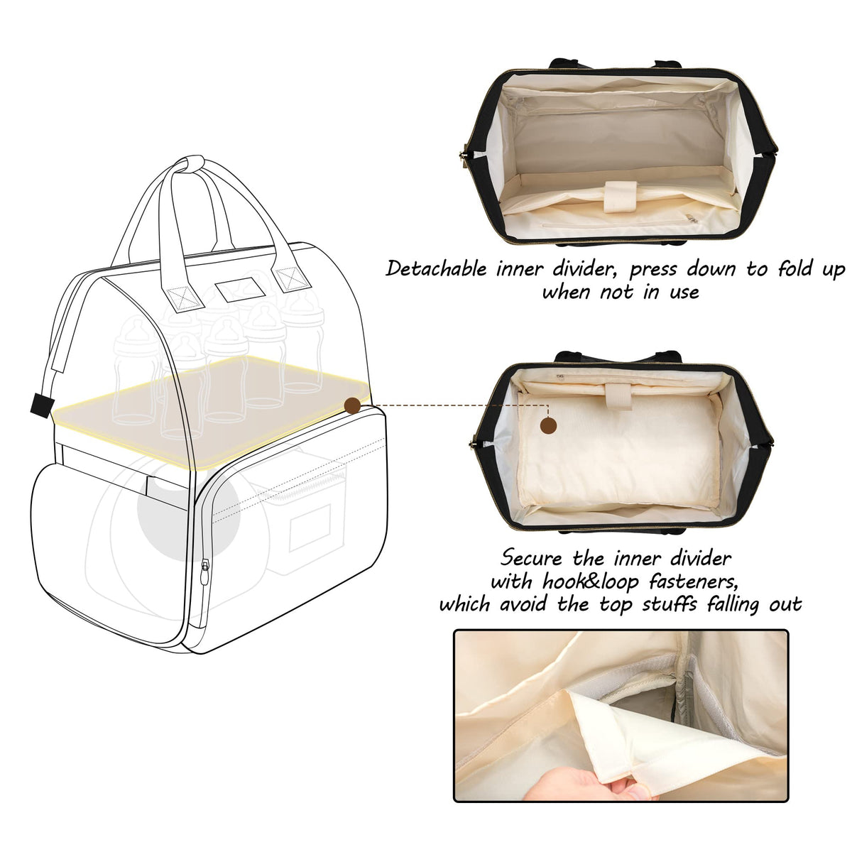 Curmio pumping backpack open compartment showing interior dividers for breast pump