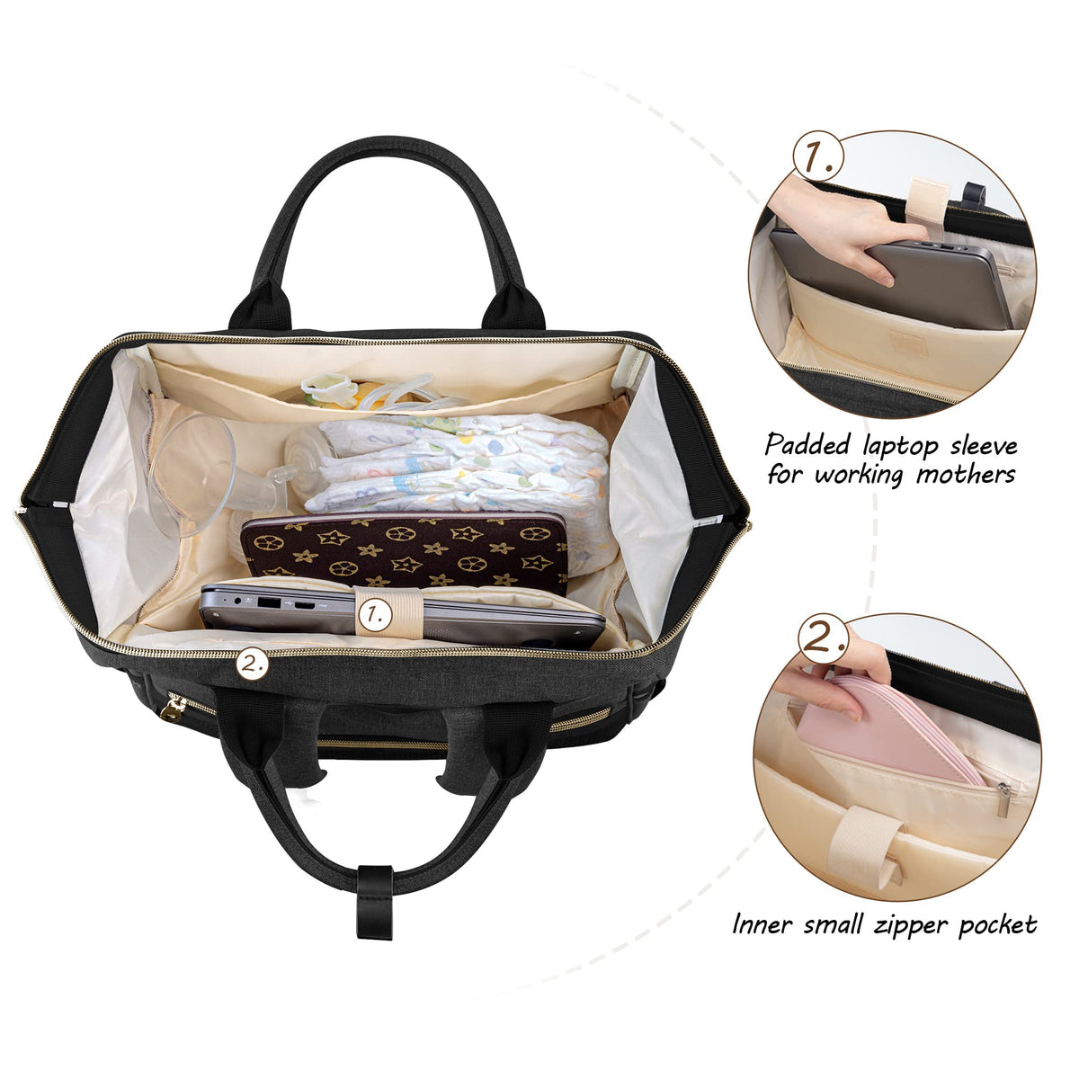 Curmio premium laptop diaper bag showing the dedicated computer storage sleeve