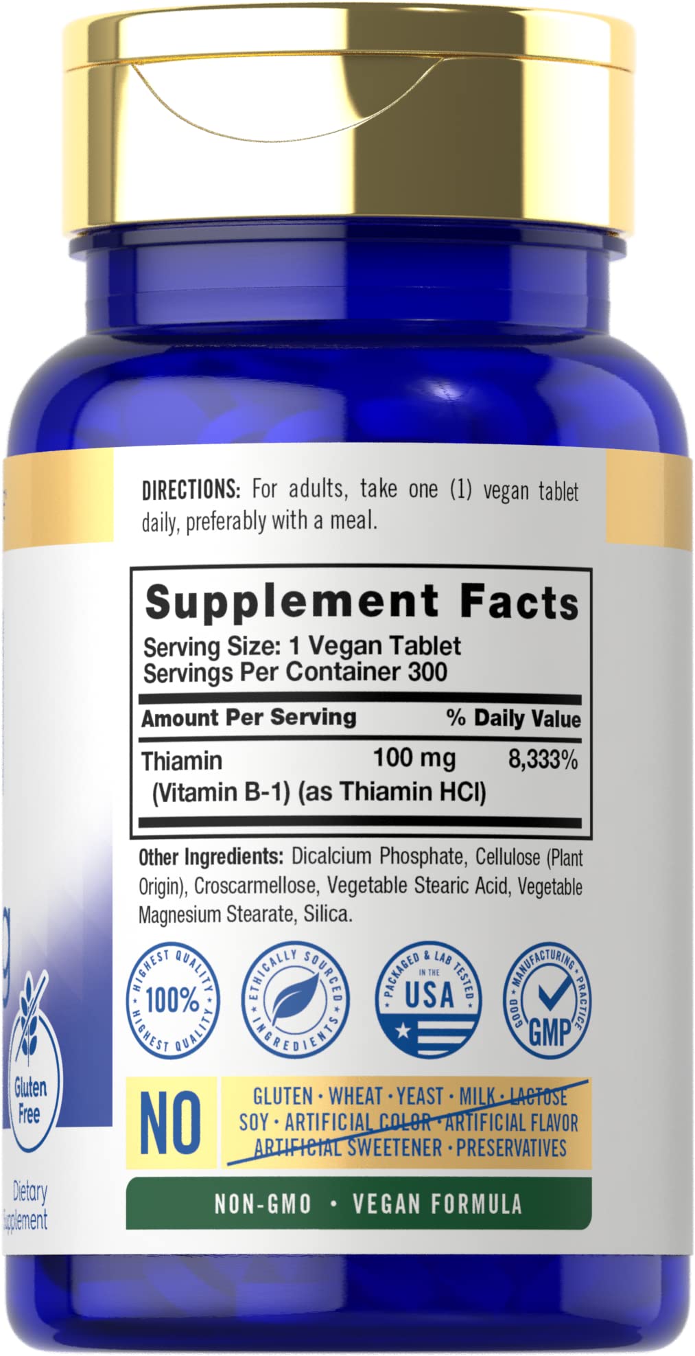 Carlyle Thiamin supplement packaging detailing non-GMO and gluten free labels