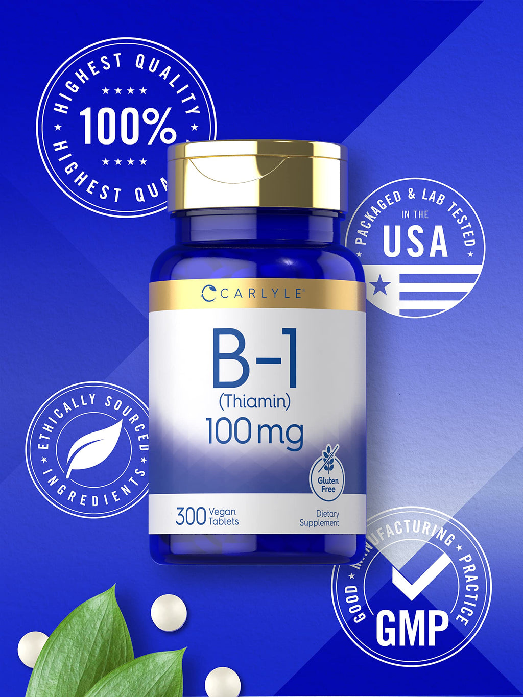 Lifestyle flat lay featuring Carlyle Vitamin B1 supplement bottle