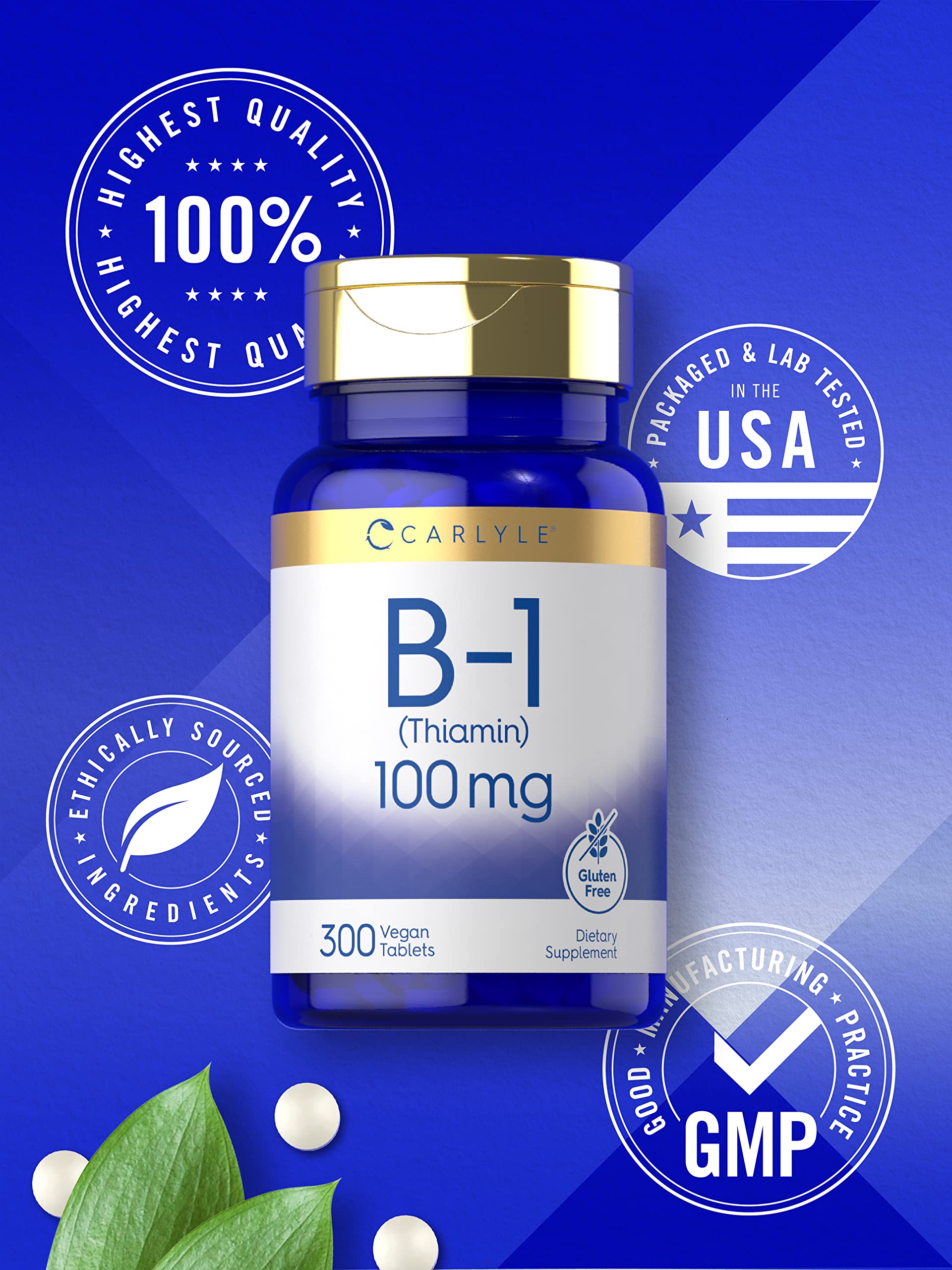 Close-up of the vegan friendly certification on Carlyle Thiamin 100mg packaging