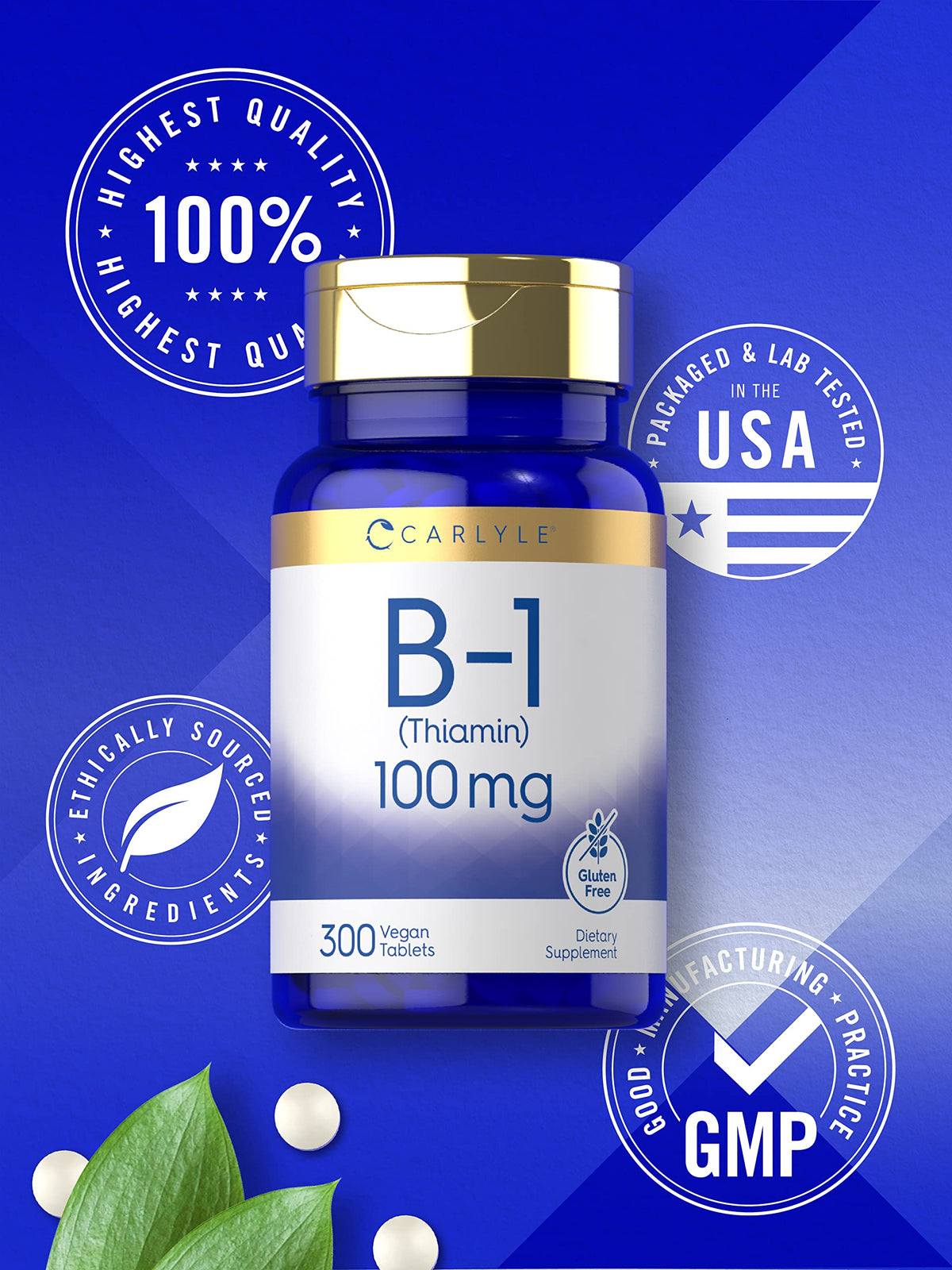 Lifestyle flat lay featuring Carlyle Vitamin B1 supplement bottle