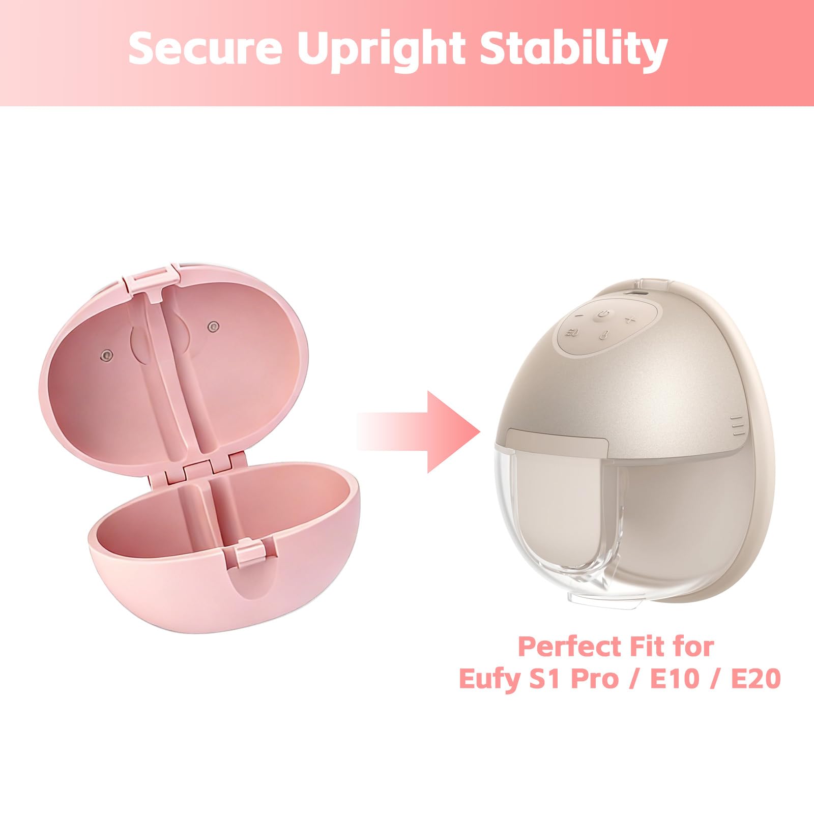LayeredNest pink wearable breast pump holder showing upright spill proof design