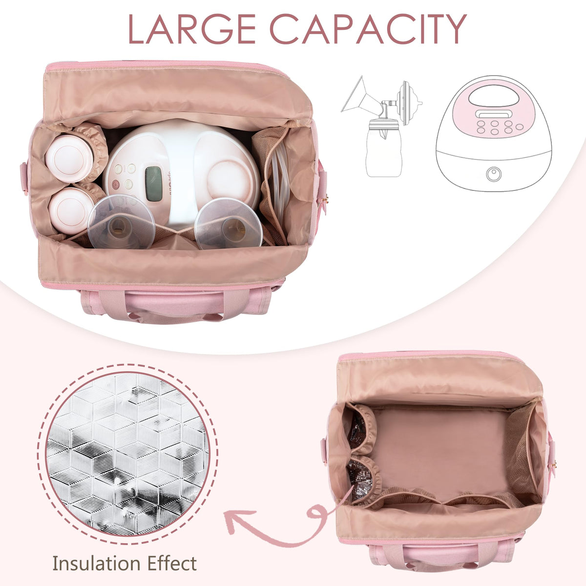Pink LUXJA travel organizer case open to display custom fit main compartment for Spectra pumps.