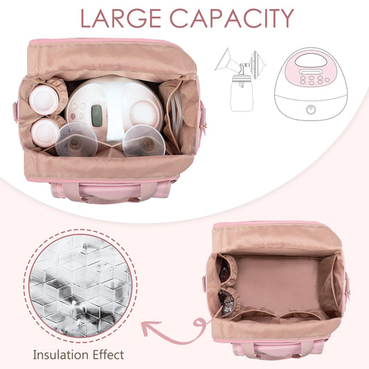 Pink LUXJA travel organizer case open to display custom fit main compartment for Spectra pumps.