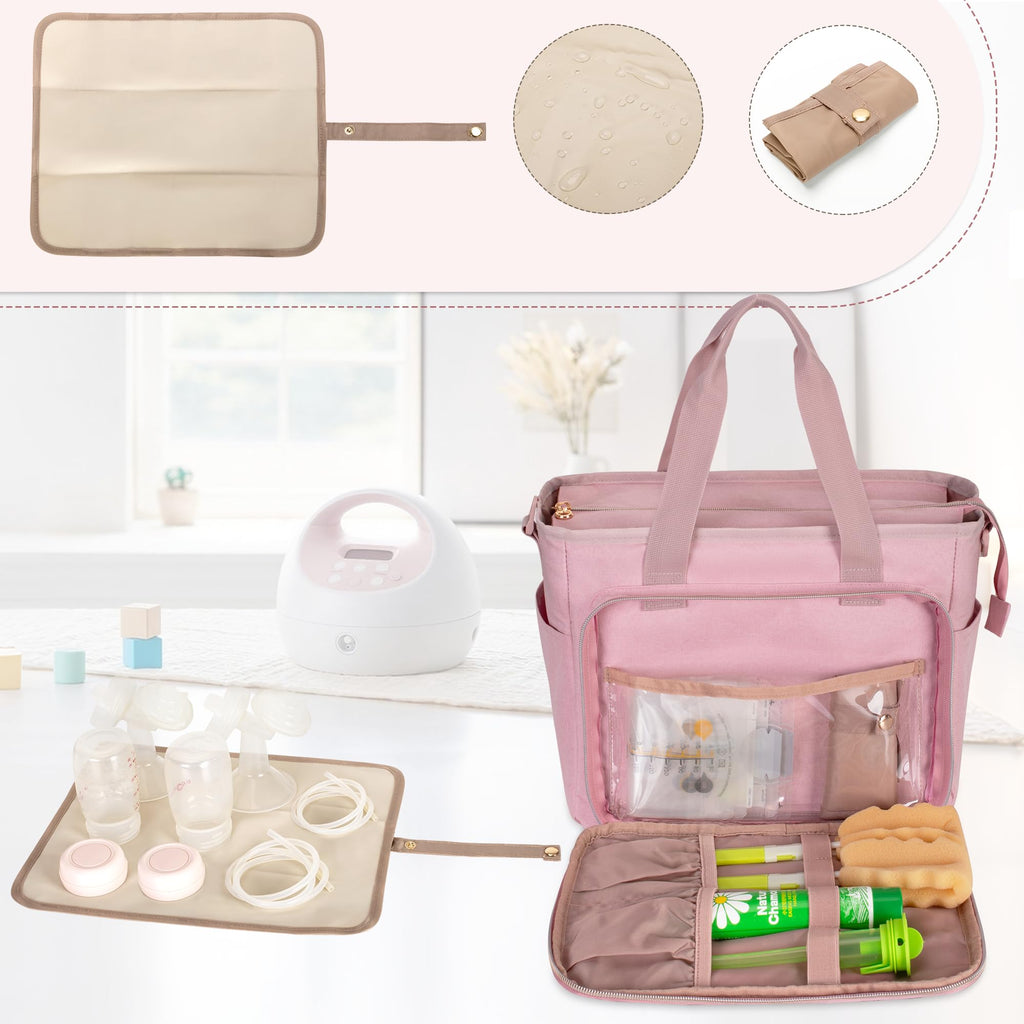 LUXJA premium pumping tote showcasing front zip section with mesh pockets and elastic bands.