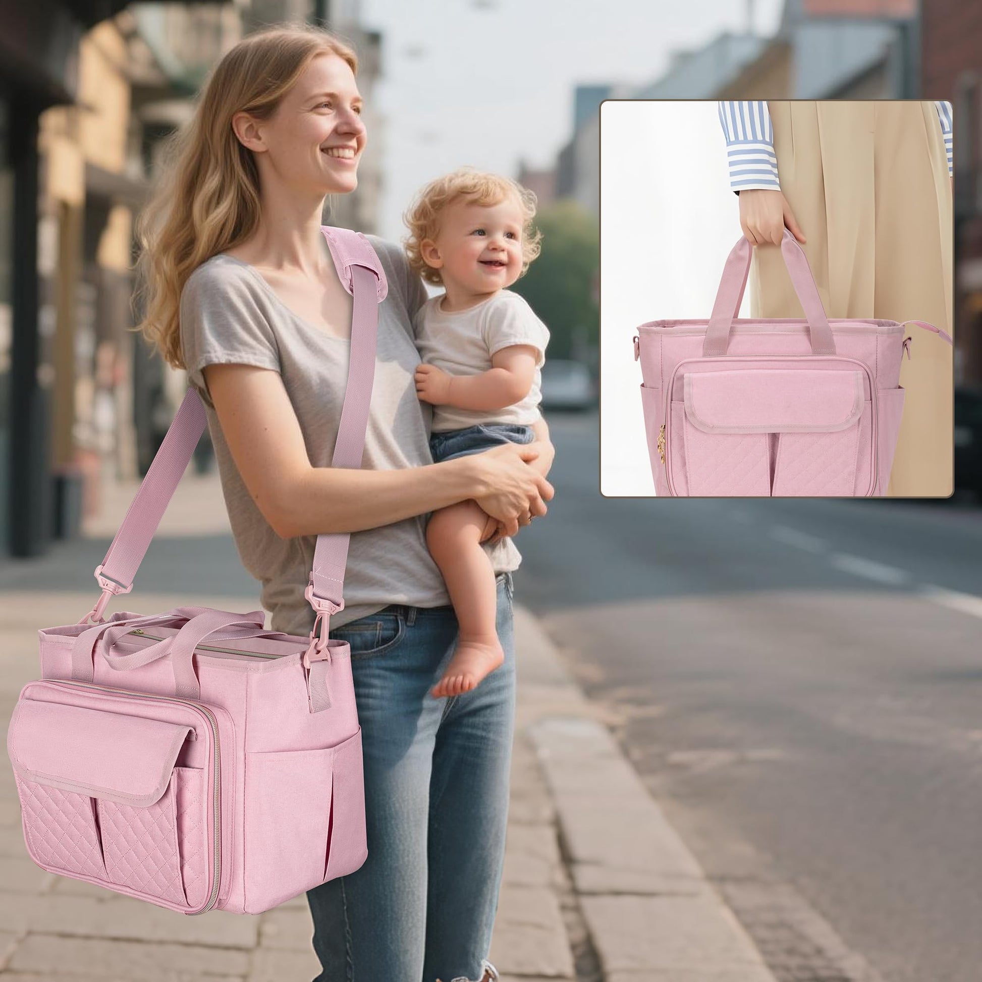 Side view of the durable LUXJA heavy duty nylon breast pump bag with adjustable shoulder strap.