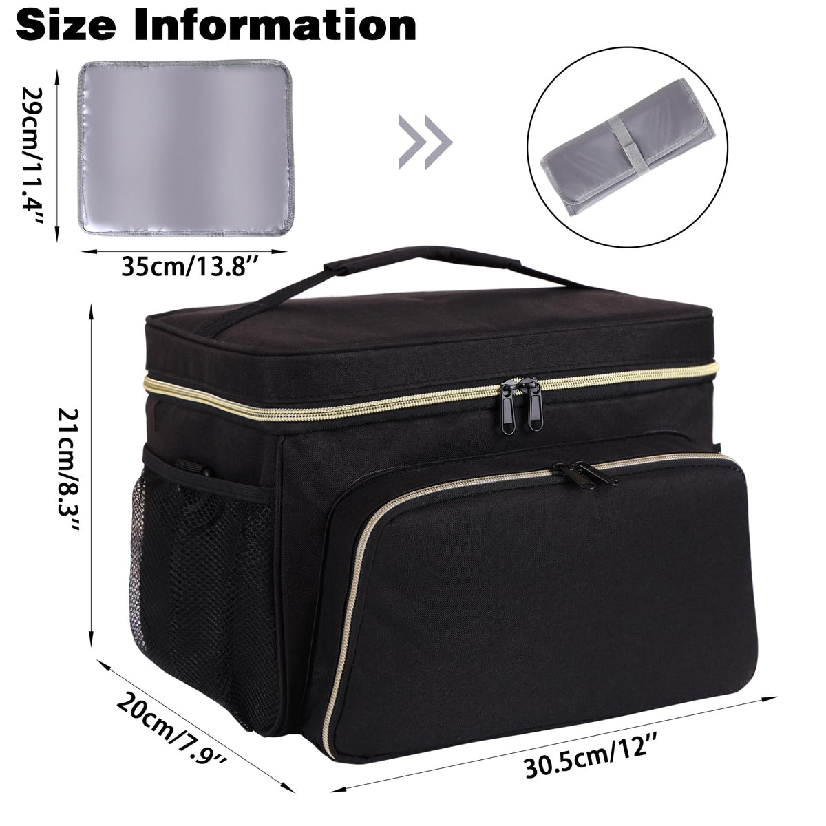 Timoxi insulated travel tote lower section showcasing aluminum film lining with the reusable breastmilk ice pack and baby bottles.