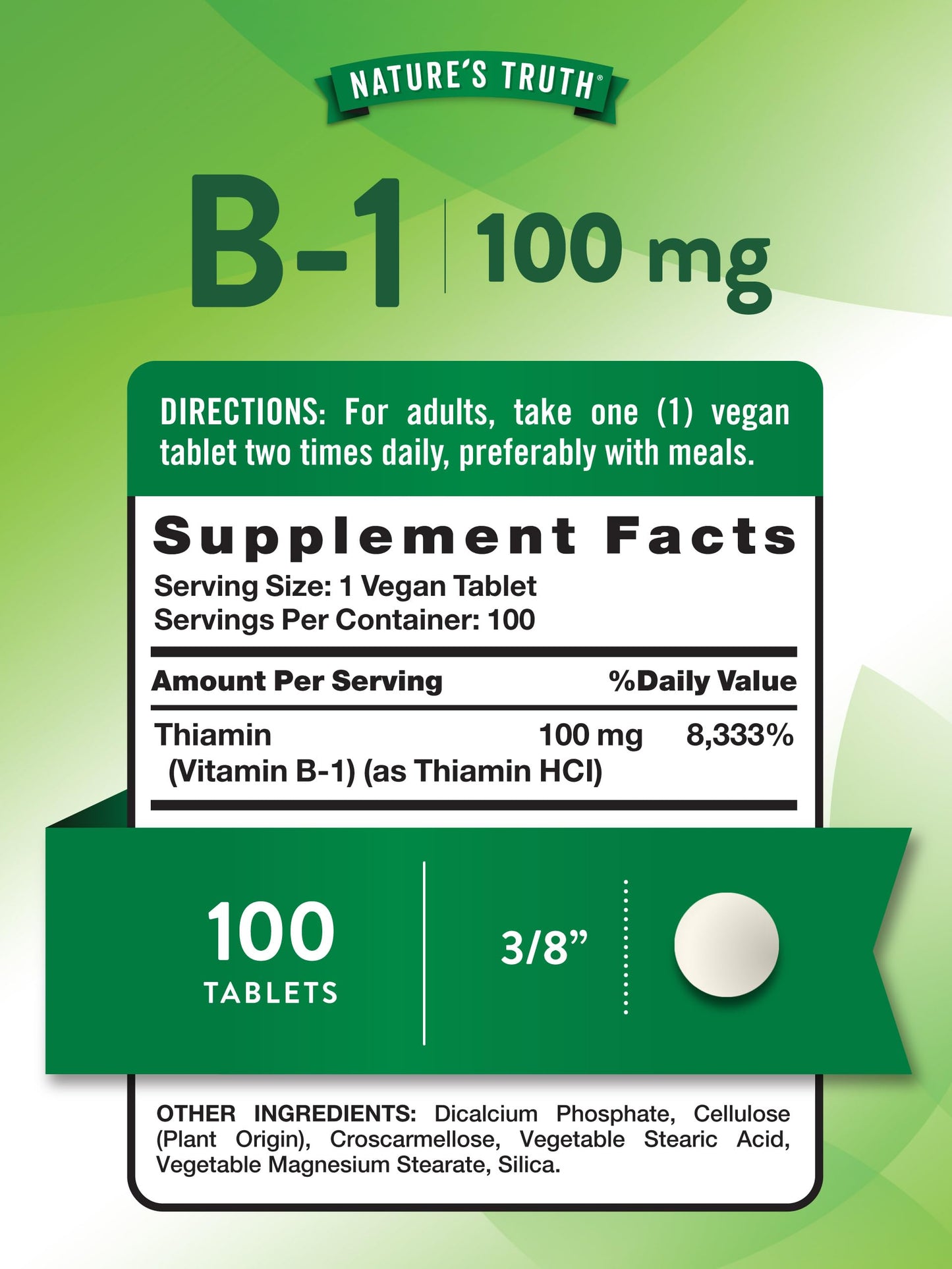 Nature's Truth thiamine 100mg supplement facts label with ingredient transparency