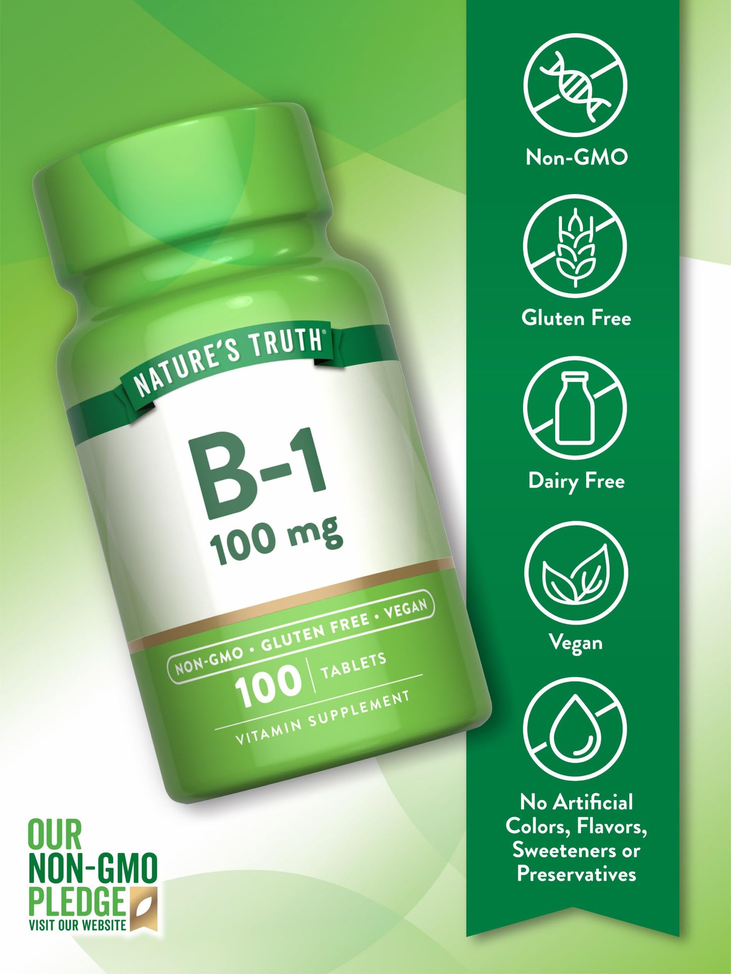Nature's Truth dietary supplement displaying vegan non GMO and gluten free certifications