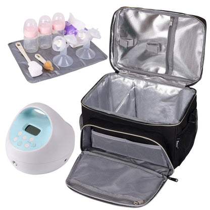 Timoxi breast pump storage tote close up highlighting the durable water resistant material and organized internal dividers.