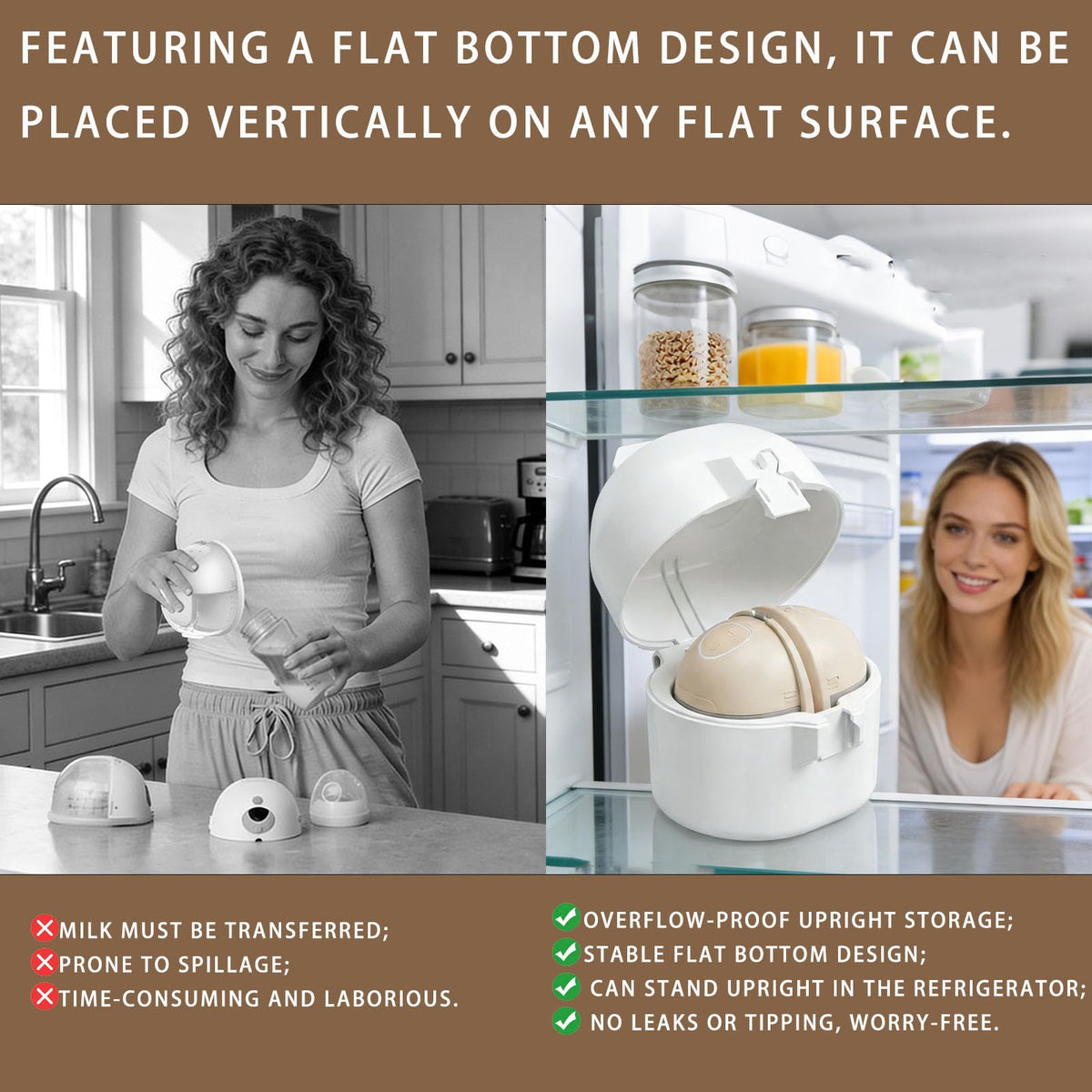 Animoasis leak proof breast pump holder placed inside a modern refrigerator shelf
