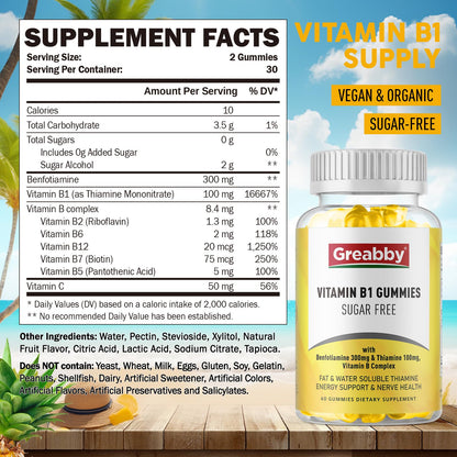 GREABBY thiamine and benfotiamine complex chewables side label detailing supplement facts and nutritional info