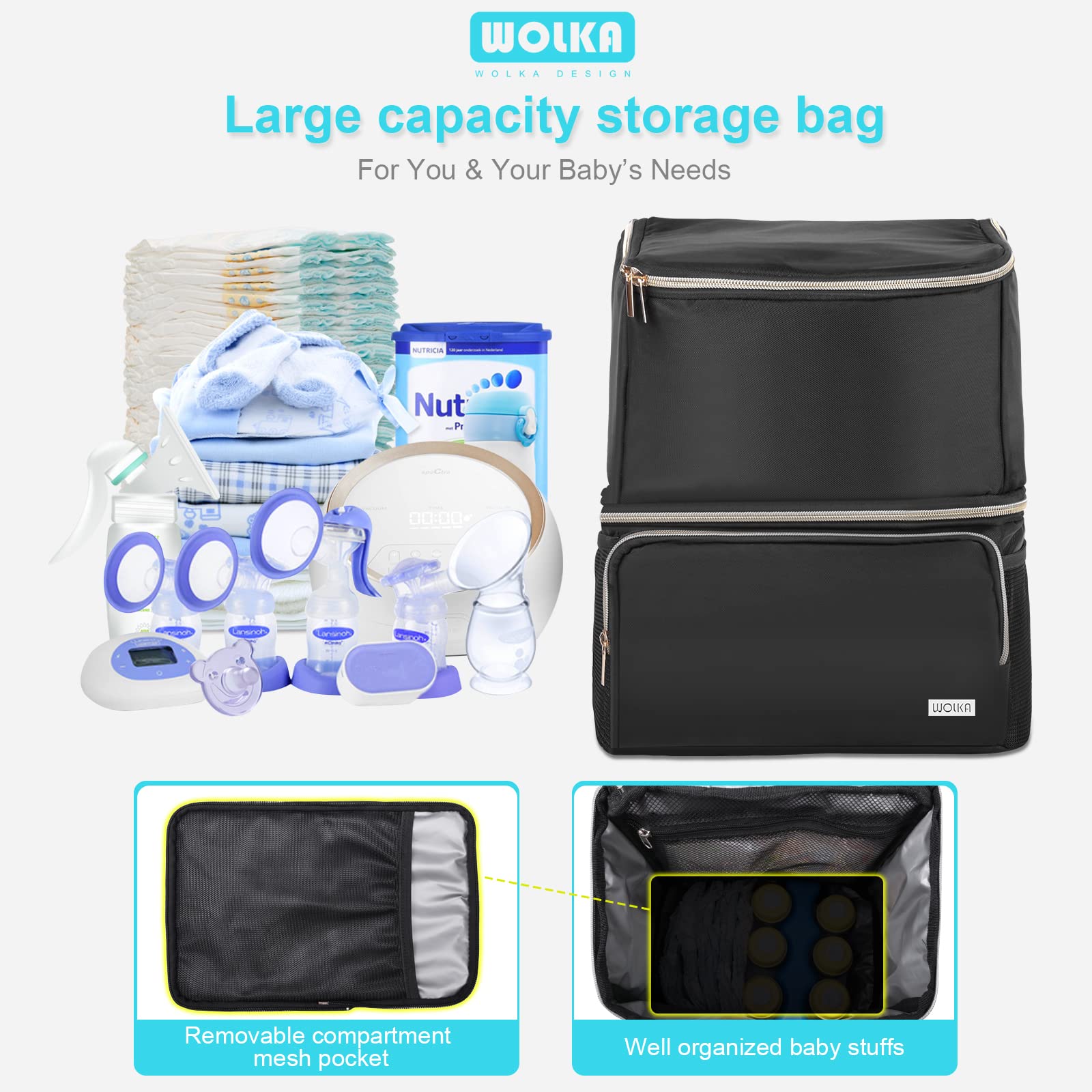 Wolka backpack for Spectra S1 and S2 pumps showcasing padded shoulder straps.