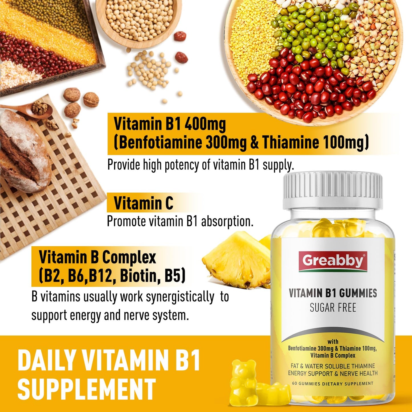 Authentic GREABBY pineapple flavored sugar free chewable vitamins for kids and adults energy support