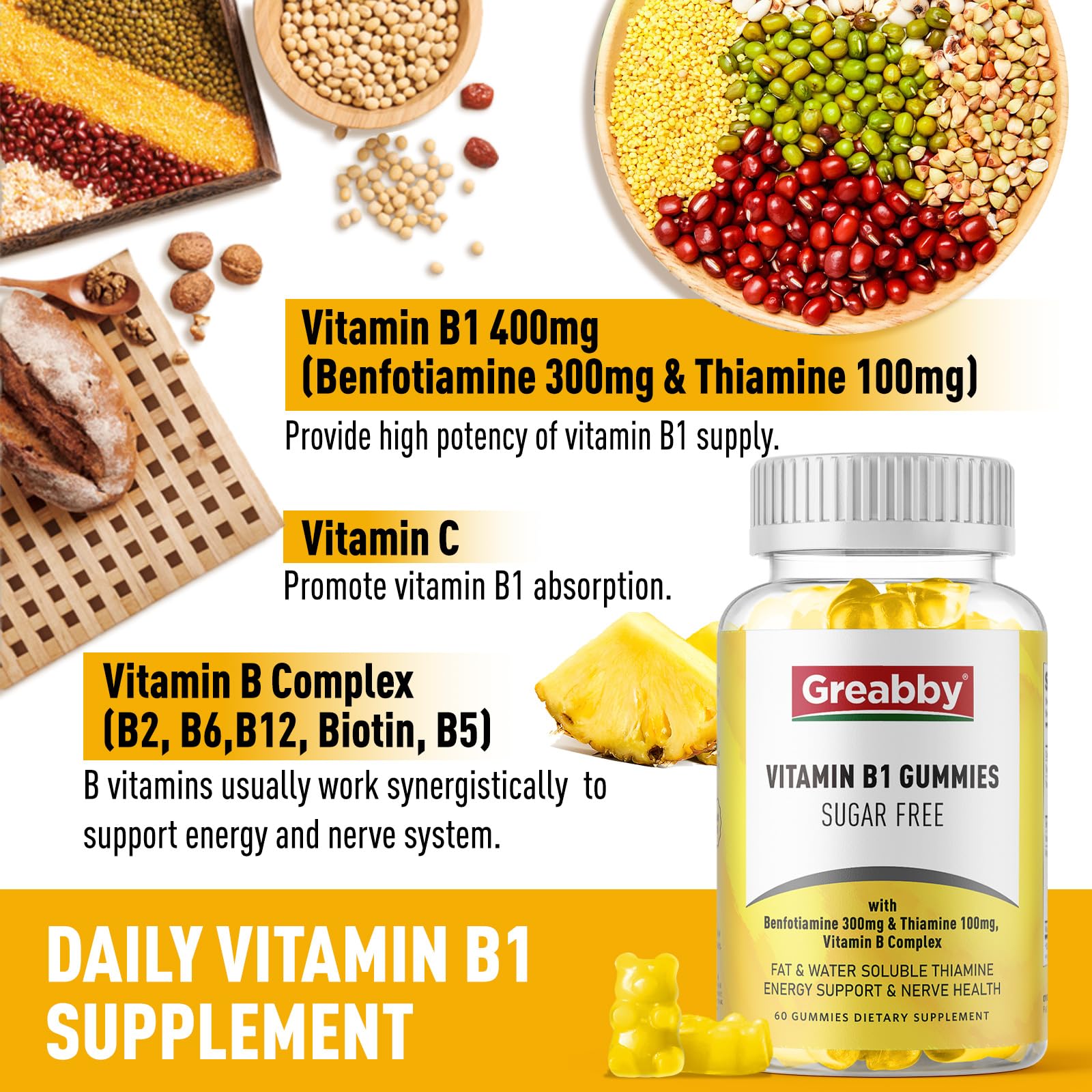 Authentic GREABBY pineapple flavored sugar free chewable vitamins for kids and adults energy support