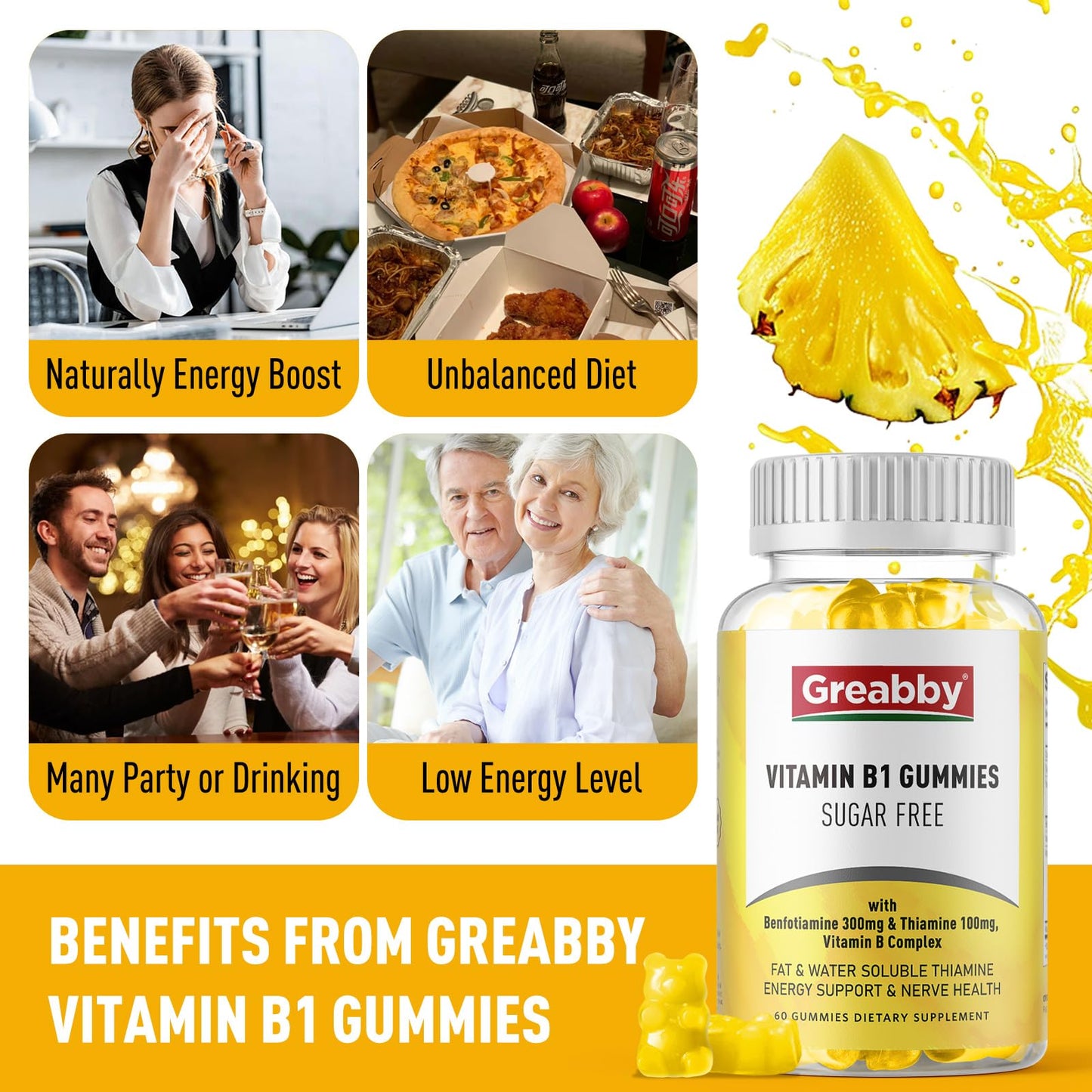 GREABBY Vitamin B1 60 count supplement bottle showing nervous system health benefit descriptions