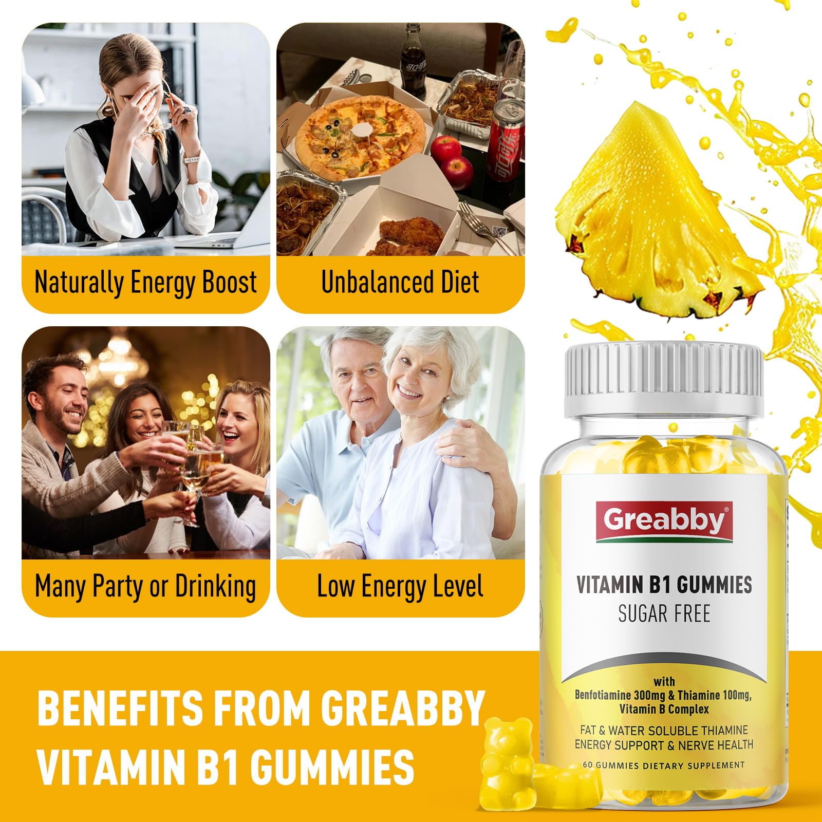 GREABBY Vitamin B1 60 count supplement bottle showing nervous system health benefit descriptions