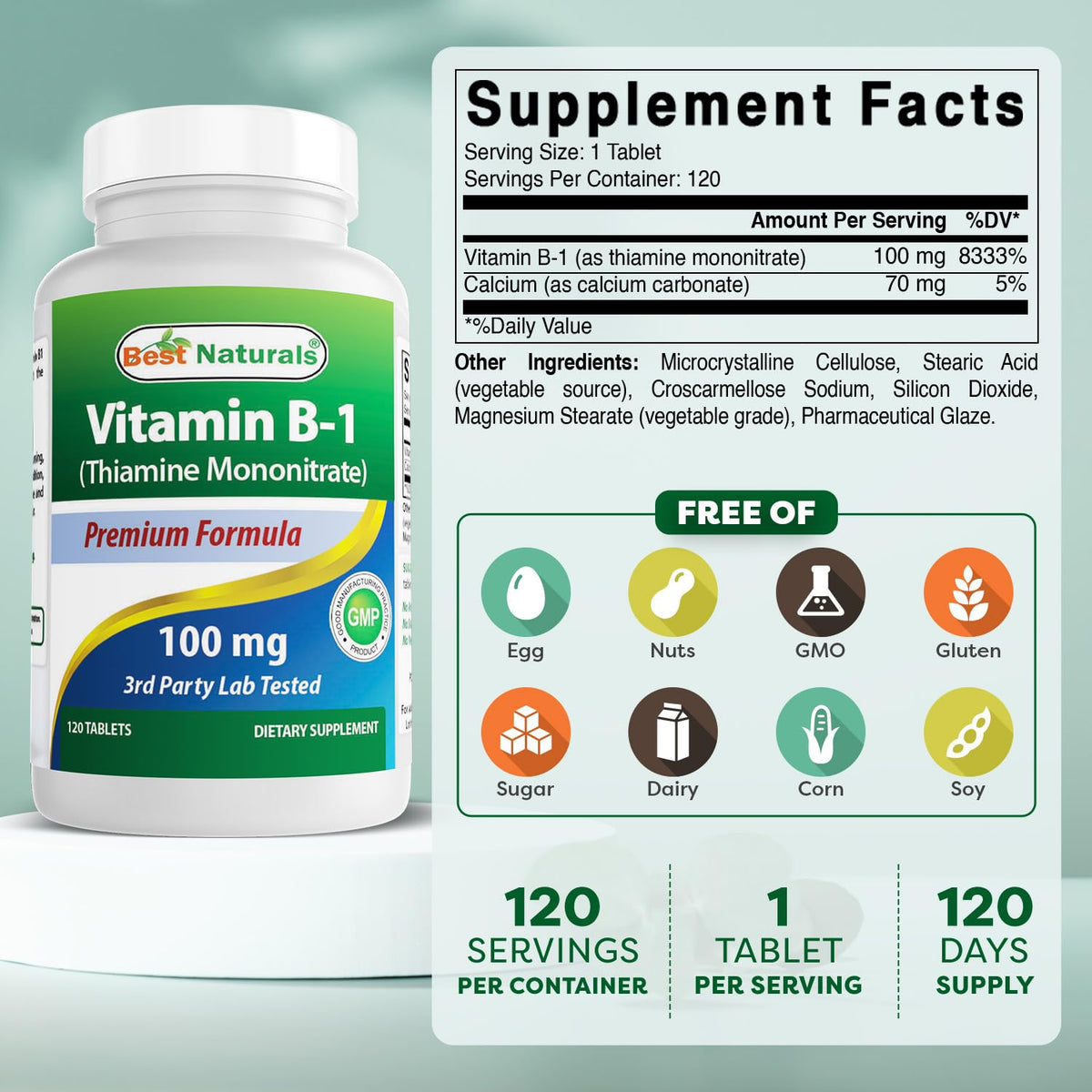 Side view of Best Naturals Vitamin B1 supplement bottle showing supplement facts and ingredient list